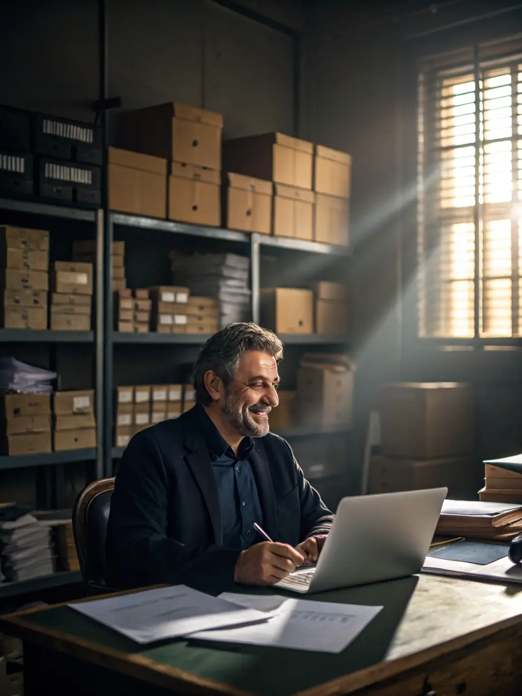 An image showing a landlord reviewing tenant applications and background check reports in a well-lit office setting, emphasizing the thoroughness of the tenant screening process.