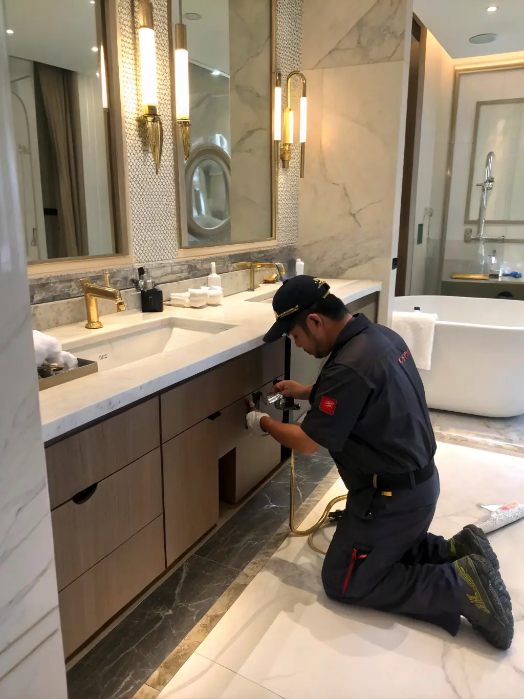 A photograph of a maintenance worker repairing a faucet in a well-maintained apartment, highlighting PPG Homes' commitment to prompt and reliable maintenance coordination.