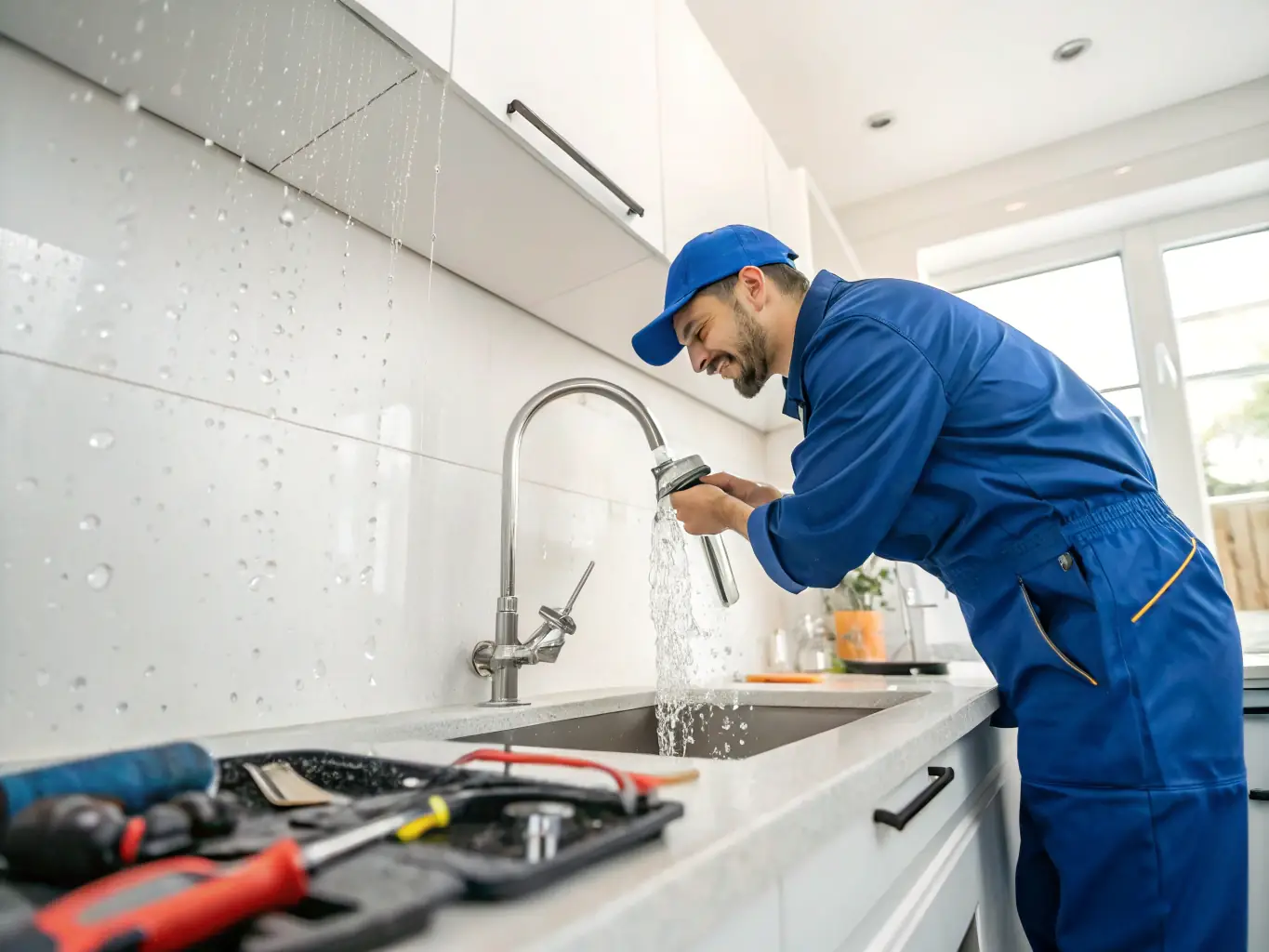 A maintenance worker repairing a leaky faucet in a modern apartment, showcasing the importance of prompt maintenance coordination.