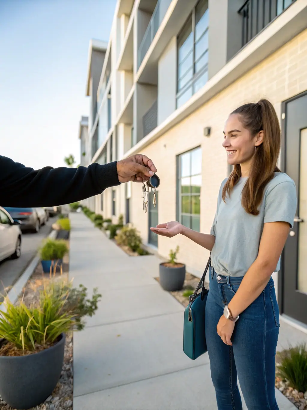 A photograph of a property manager handing keys to a new tenant in front of a well-maintained property, emphasizing the smooth and secure leasing process offered by PPG Homes.